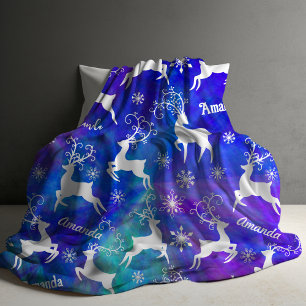 Cute reindeer Christmas repeating name colourful Fleece Blanket