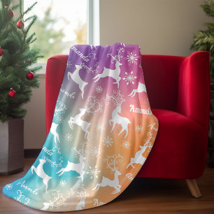 Cute reindeer Christmas repeating name rainbow Fleece Blanket