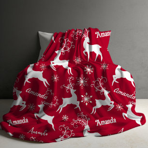 Cute reindeer Christmas repeating name red Fleece Blanket