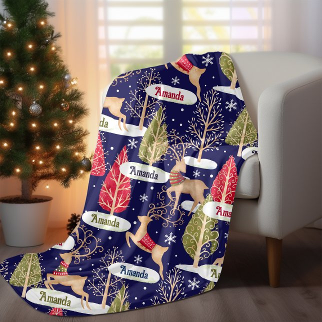 Cute reindeer Christmas trees monogram blue Fleece Blanket (Creator Uploaded)