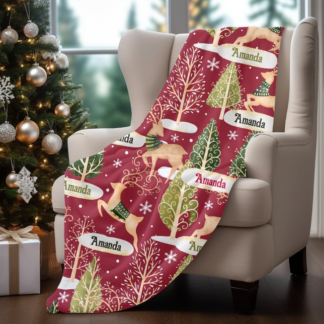 Cute reindeer Christmas trees monogram red Fleece Blanket (Creator Uploaded)