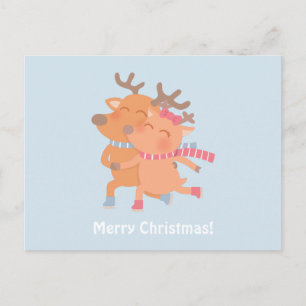 Cute Reindeer Couple on Skates Christmas Postcard