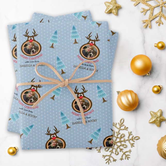 Cute Reindeer Custom Photo Frame Blue Wrapping Paper Sheet (Creator Uploaded)