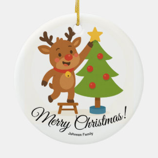 Cute Reindeer Decorating Tree Personalized Name Ceramic Ornament