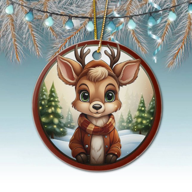 Cute Reindeer, Deer Antlers, Woodland Animal 🦌🎄 Ceramic Ornament (Cute Deer, Fawn, Doe Winter Christmas Trees Green Framed Xmas Holiday Snow Ornament Front/Back 🦌🎄)