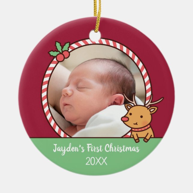 Cute Reindeer Doodle Baby's First Christmas Photo Ceramic Ornament (Front)
