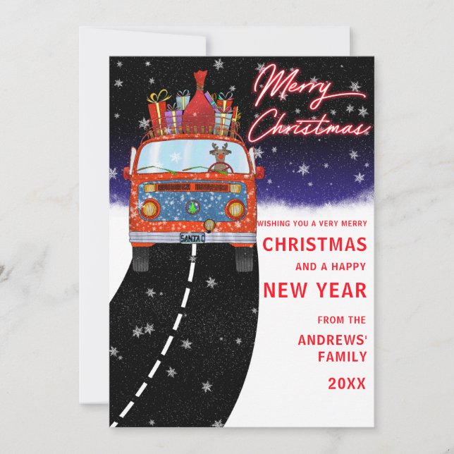 Cute Reindeer Driving Cartoon Christmas Holiday Card (Front)
