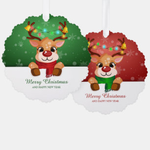 Cute Reindeer Duo Lights Jingle Bells Christmas Tree Decoration Card