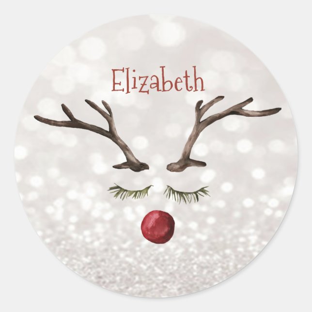 Cute Reindeer Face,Bokeh    Classic Round Sticker (Front)