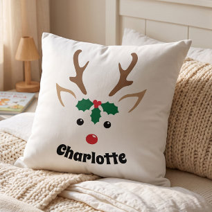Cute Reindeer Face Personalised Christmas Decor Cushion
