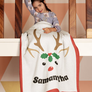 Cute Reindeer Face Personalised Christmas Fleece Blanket