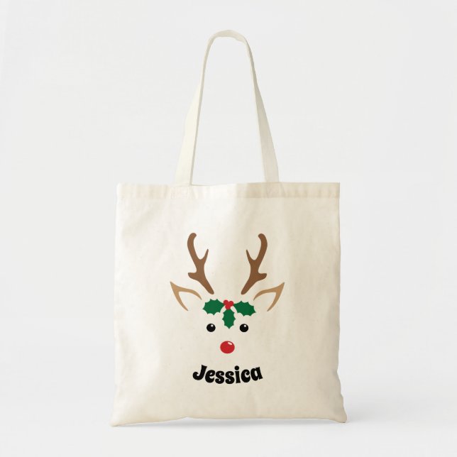 Cute Reindeer Face Personalised Christmas Tote Bag (Front)