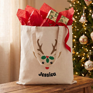 Cute Reindeer Face Personalised Christmas Tote Bag