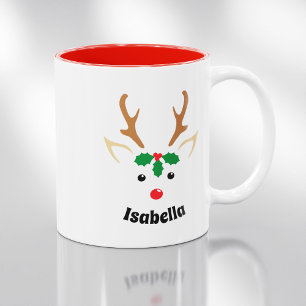 Cute Reindeer Face   Personalised Christmas Two-Tone Coffee Mug
