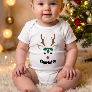 Cute Reindeer Face Personalised Name Christmas Baby Bodysuit