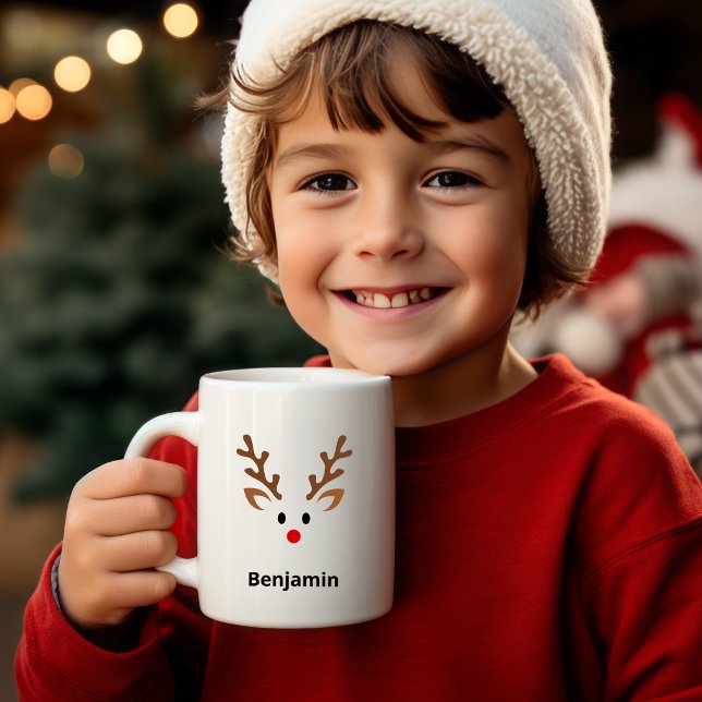 Cute Reindeer Face with Red Nose Name Coffee Mug (Creator Uploaded)