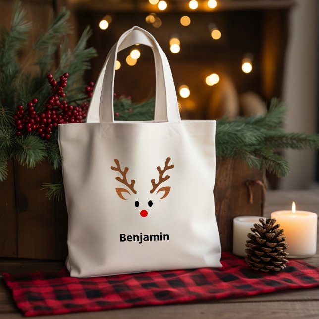 Cute Reindeer Face with Red Nose Name Tote Bag (Creator Uploaded)
