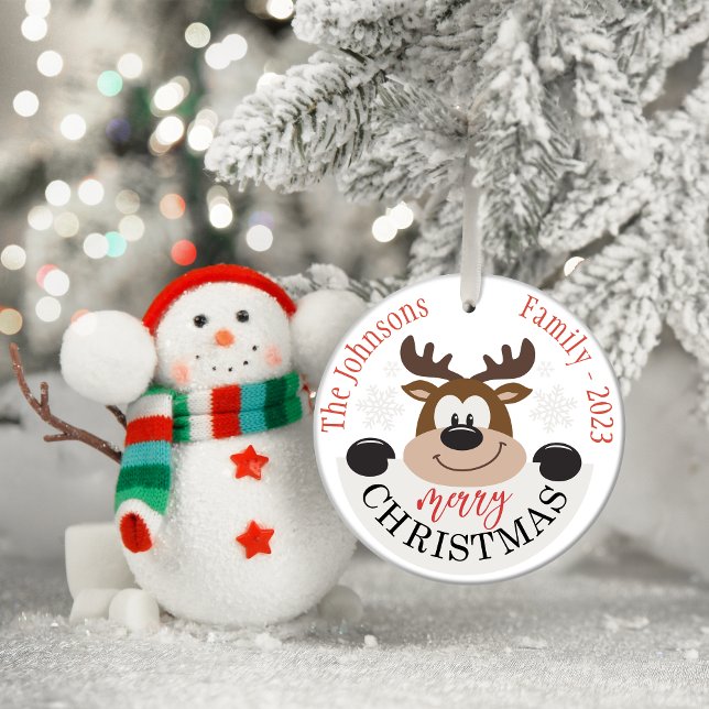 Cute Reindeer Family Name Personalized Christmas Ceramic Ornament (Personalized Merry Christmas Ceramic Tree Decoration)