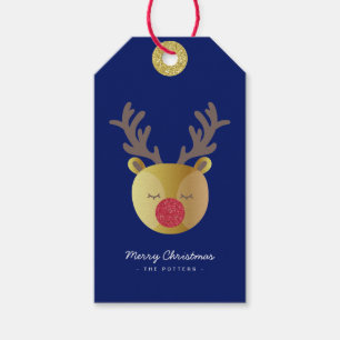 Cute Reindeer   Fun Christmas Blue & Gold Gift Tags