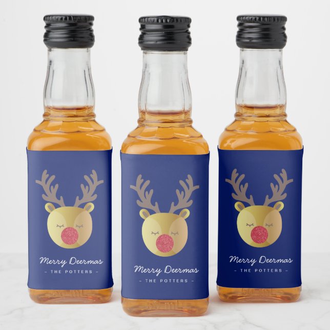 Cute Reindeer | Fun Christmas Blue & Gold Liquor Bottle Label (Bottles)