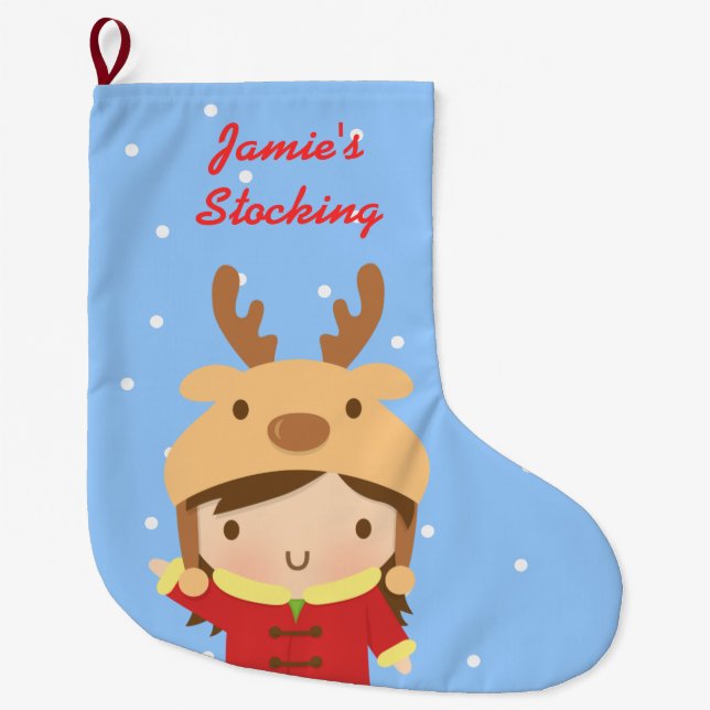 Cute Reindeer Girl Christmas For Kids Large Christmas Stocking (Front)