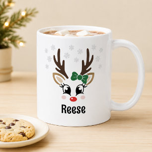 Cute Reindeer Girl Green Bow Snowflake Coffee Mug