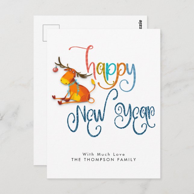 Cute Reindeer Glitter Happy New Year Postcard (Front/Back)