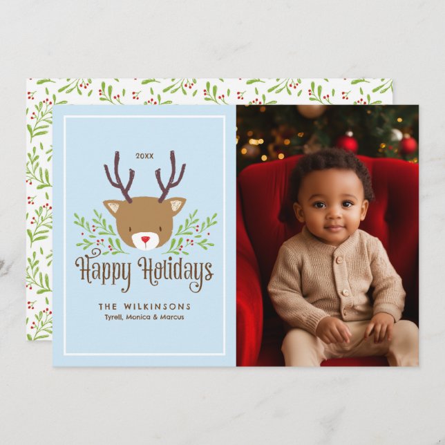 Cute Reindeer Happy Holidays Holiday Photo Card (Front/Back)