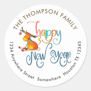 Cute Reindeer Happy New Year Return Name Address Classic Round Sticker