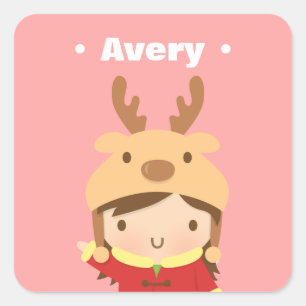 Cute Reindeer Hat Girl Kids Christmas Fillers Square Sticker