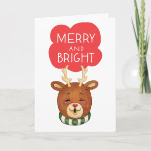 Cute Reindeer Head Merry and Bright Holiday Card