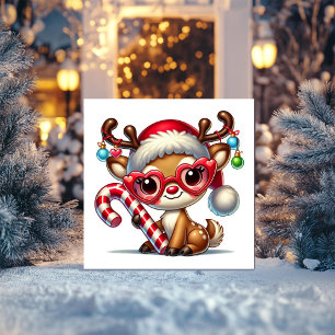 Cute Reindeer Holding Striped Candy Cane Holiday Card