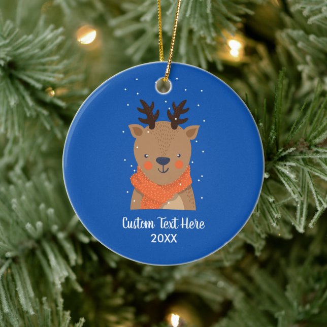 Cute Reindeer Holiday Christmas Tree Custom Text  Ceramic Ornament (Tree)