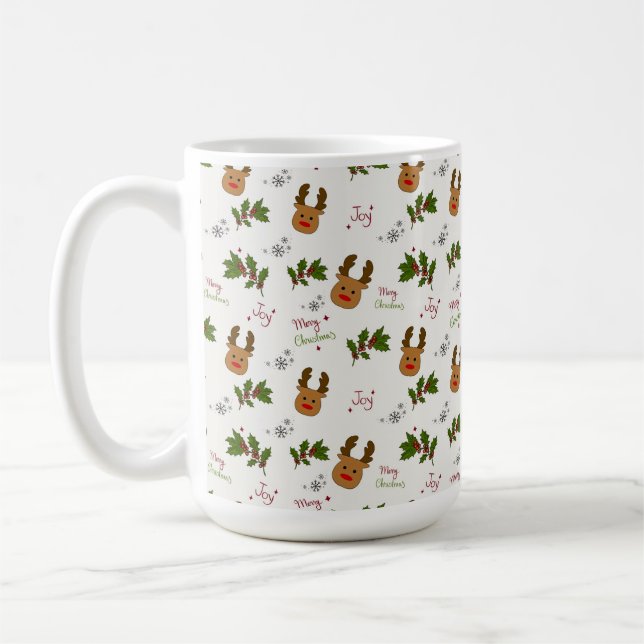 Cute Reindeer & Holly Christmas Pattern Coffee Mug (Left)