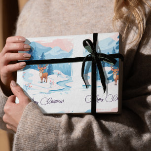 Cute reindeer in a snowy landscape wrapping paper