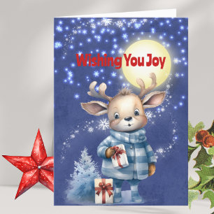 Cute Reindeer in Blue Plaid Moon Christmas Joy Holiday Card
