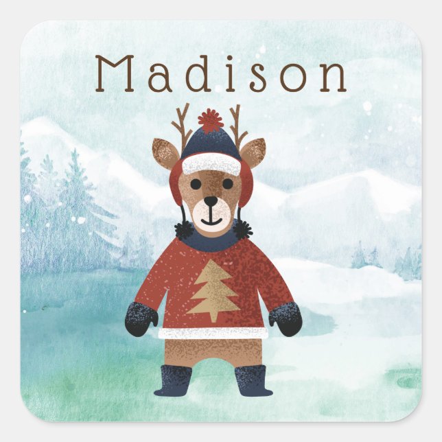 Cute Reindeer in Sweater Square Sticker (Front)