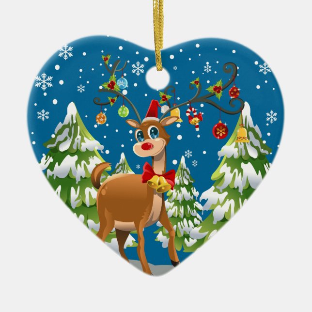 Cute Reindeer in the Snow Ceramic Ornament (Front)