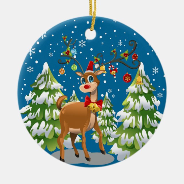Cute Reindeer in the Snow Ceramic Ornament (Front)