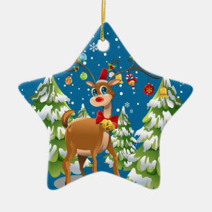 Cute Reindeer in the Snow Ceramic Tree Decoration