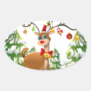 Cute Reindeer in the Snow Oval Sticker
