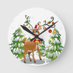 Cute Reindeer in the Snow Round Clock