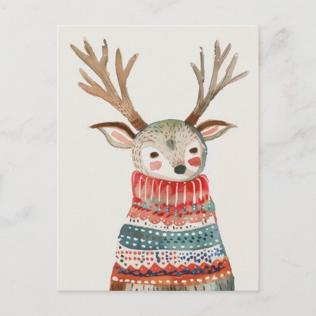 Cute Reindeer in Ugly Sweater Watercolor Christmas Postcard (Front)