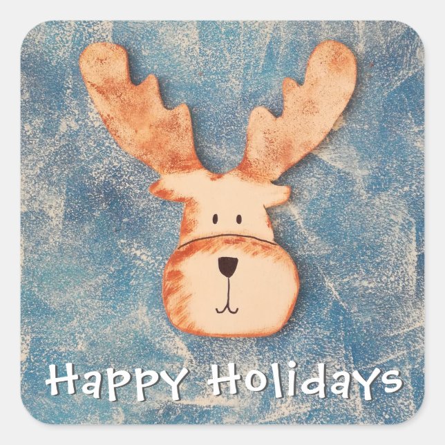 Cute Reindeer in Winter Happy Holiday Christmas Square Sticker (Front)