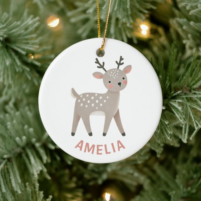 Cute Reindeer Kid`s Name Christmas Ceramic Ornament (Tree)