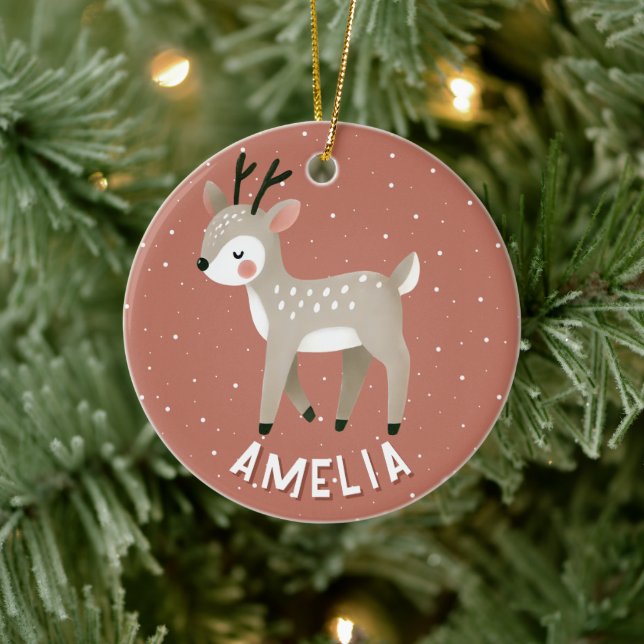 Cute Reindeer Kid`s Name Christmas Ceramic Ornament (Tree)