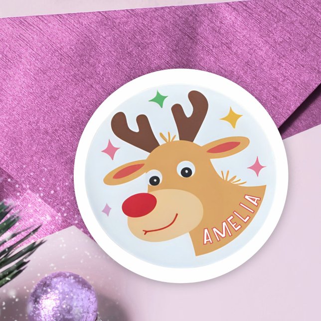 Cute Reindeer Kid`s Name Christmas Gift Classic Round Sticker (Creator Uploaded)
