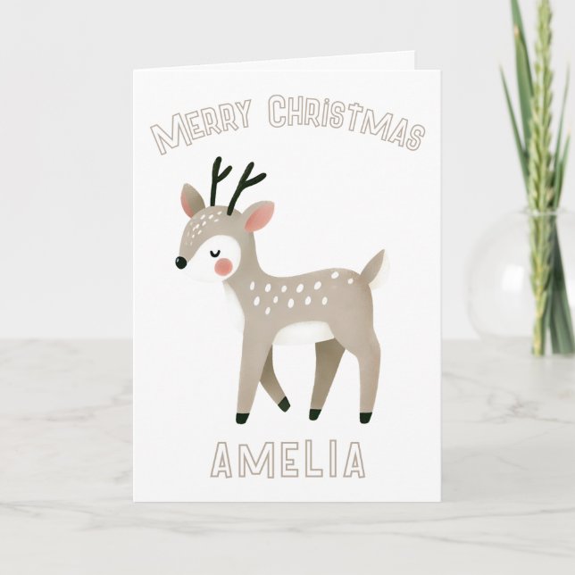 Cute Reindeer Kid`s Name Merry Christmas Holiday Card (Front)