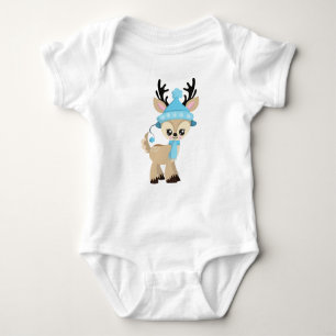 Cute Reindeer, Little Reindeer, Blue Hat, Scarf Baby Bodysuit