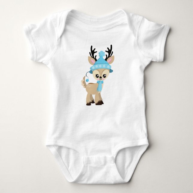 Cute Reindeer, Little Reindeer, Blue Hat, Scarf Baby Bodysuit (Front)